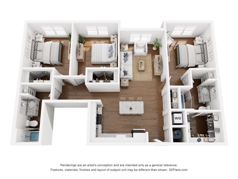 A 3D floor plan of a house with a kitchen, living room, and two bedrooms.